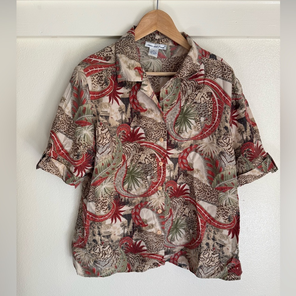 Anna and Frank 100% Silk Safari Animal Print Button Down Shirt XL